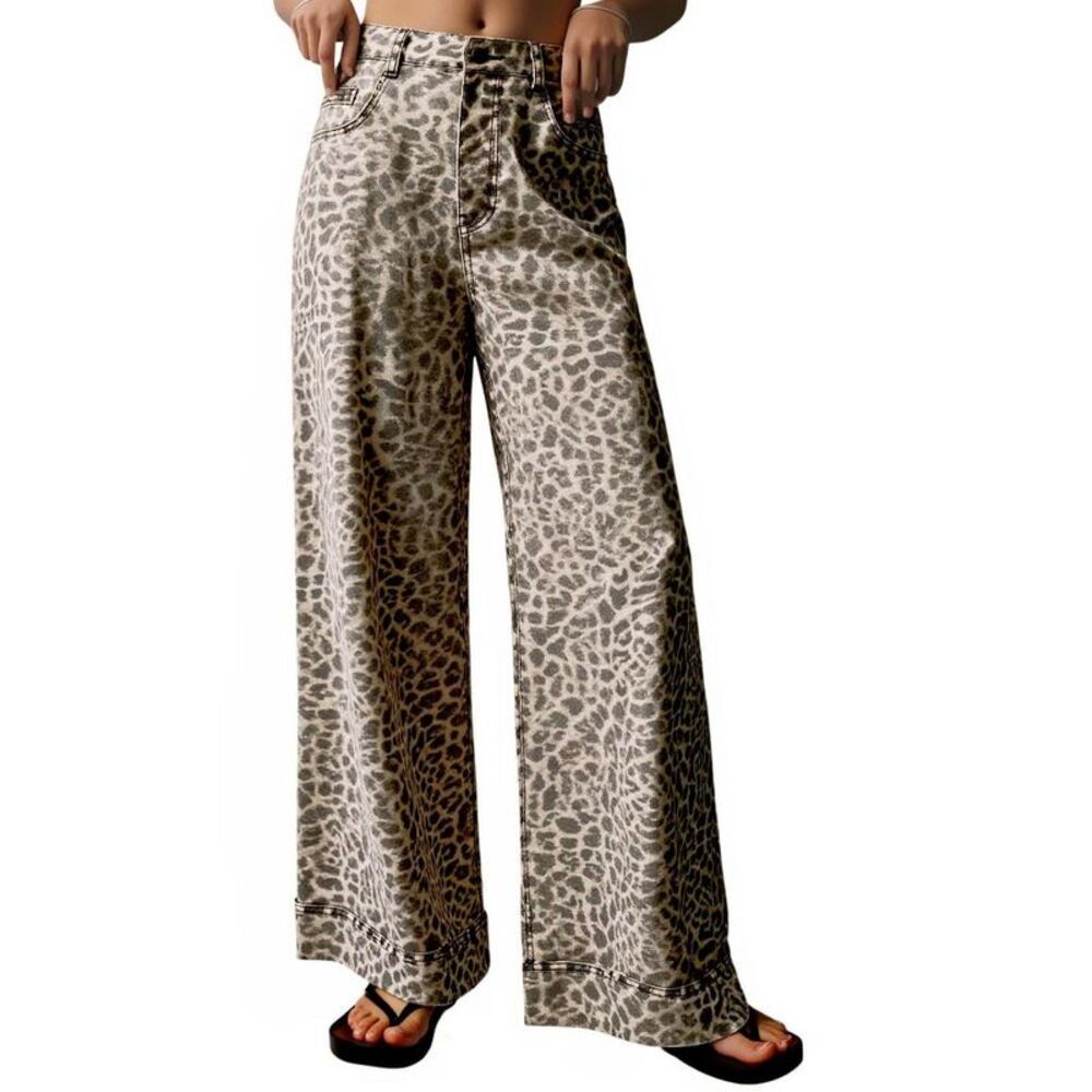 Women's Casual High-Waisted Floral Leopard Print Wide Leg Jeans - XL
